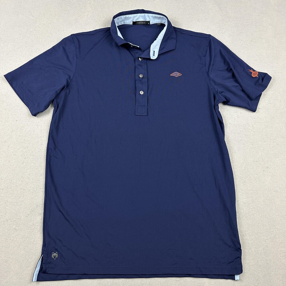 Greyson Polo Shirt Men Medium Blue Solid Performance Golf Wolf Logo Stretch M